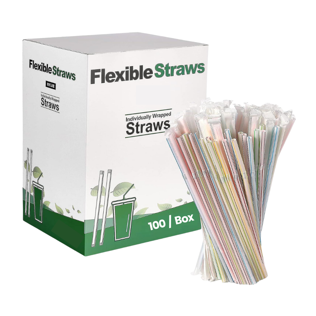 100 Flexible Straws Individually Wrapped 20cm